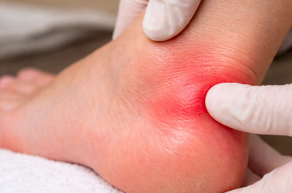 Bursitis en el talón del pie con inflamación visible durante exploración