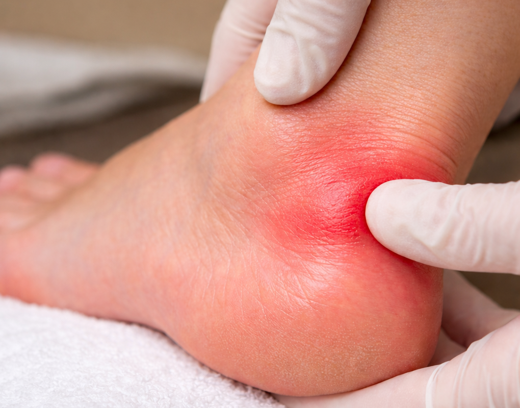 Bursitis en el talón del pie con inflamación visible durante exploración